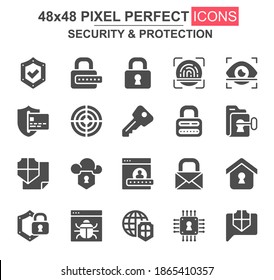 Security and protection glyph icon set. Password, padlock, fingerprint, retina scan, firewall, bug, shield unique icons. Flat vector bundle for UI UX design. 48x48 pixel perfect GUI pictograms pack.