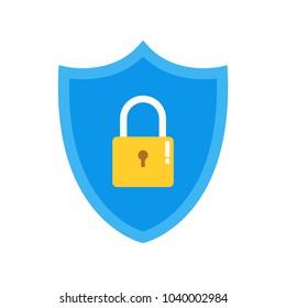 Security and Protection guard shield with lock icon in flat style design. Shield security icon for website vector illustration isolated on white background. 