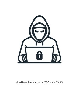 Security and protection. Hacker with laptop line icon. Vector illustration.
