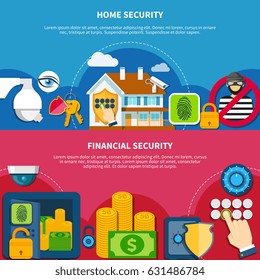 Security and protection horizontal banners set with home and financial security symbols flat isolated vector illustration