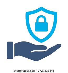 Ícone de proteção de segurança azul vetor plano design mão escudo símbolo seguro segurança defesa elemento gráfico sinal