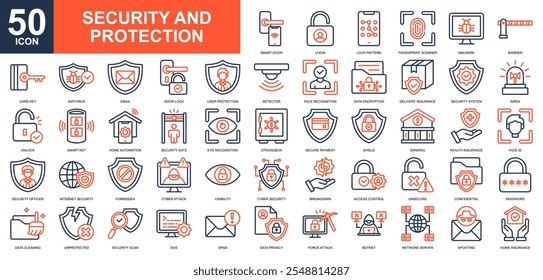 Security And Protection icon collection set. Cloud compunting, antivirus, big data, smart home, networking, data security, cybercrime icon. Simple line color vector.	