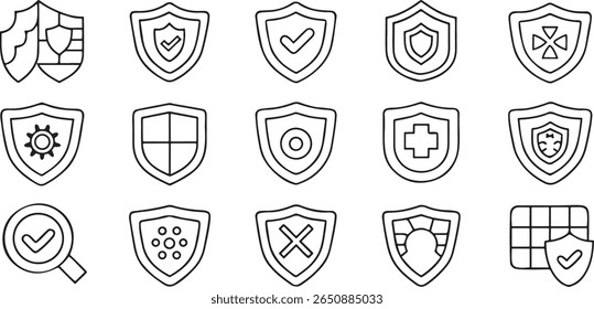 Ícones de segurança e proteção, inclui firewall, antivírus, escudo, blindagem, segurança, cruz, defesa de dados, marca de seleção, limpam ícones editáveis de linha preta