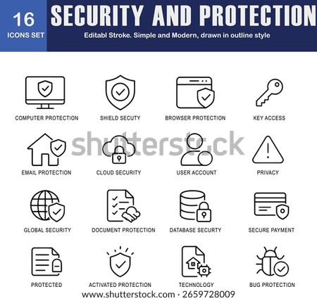 Security and Protection Icon Set – 16 Editable Outline Icons for Cybersecurity, Privacy, Shield, Cloud, Database, and Bug Protection Design