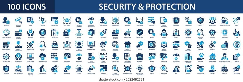 Security and protection icon set. Safety, cybersecurity, security shield, insurance, data protection, detector.