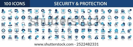 Security and protection icon set. Safety, cybersecurity, security shield, insurance, data protection, detector.