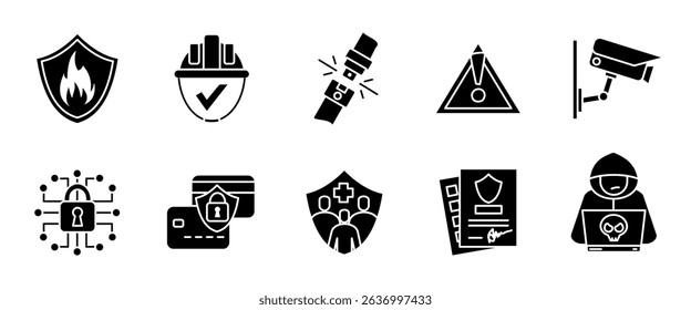 Security and protection icon set. Shield, surveillance camera, hacker and data lock vector illustration. Privacy safety concept. Encryption and firewall glyph sign. Information guard black pictogram.