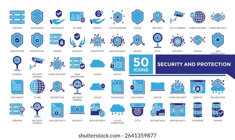 Security and protection icon solid two color set collection. This set includes hosting,cyber security,camera,server and more icons in 
solid style. Vector icons collection for websites and infographic