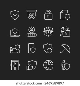 Security and protection icons, white on black background. Data security compliance, theft and damage prevention. Shields, cameras, locks, controls. Customizable line thickness