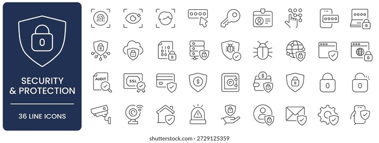 Security and Protection Line Icon Set. Collection of cybersecurity, biometrics, shield, padlock, data privacy, home safety, password, fingerprint, shield, lock, and safe symbols, Editable Stroke.