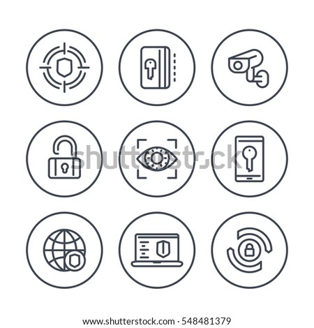 Security and protection line icons in circles on white, secure network, key card, lock, shield, cctv camera, firewall