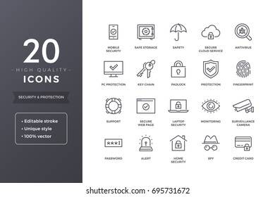 Security And Protection Line Icons. Cyber Web Safety And Privacy Icon Set With Editable Stroke
