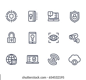 Security and protection line icons on white, secure browsing, cybersecurity, firewall