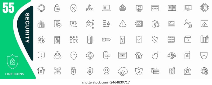 Conjunto de iconos de línea de seguridad y protección. Iconos de escudo de seguridad, logotipos de escudo con una marca de verificación y símbolos de seguridad de candado colección de iconos. Paquete de iconos de contorno fino.