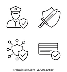 Ícones de linha de segurança e proteção definidos com guarda, espada, proteção de dados e defesa de cartão de crédito