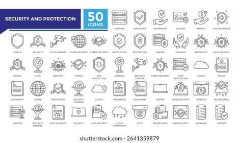 Security and protection lineal icon set collection. This set includes hosting, cyber security, camera, server and more icons in 
lineal style. Vector icons collection for websites and infographics