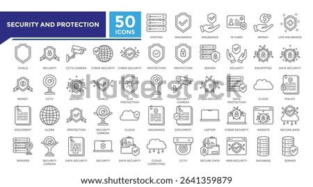 Security and protection lineal icon set collection. This set includes hosting, cyber security, camera, server and more icons in 
lineal style. Vector icons collection for websites and infographics
