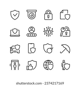 Security and protection, linear style icons set. Security compliance. Digital data security. Theft and damage protection. Shield, camera, lock, controls. Editable stroke width