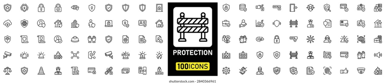 Security and Protection Linear Web Icon Set with Defence, Safety, Alarm, Encryption, Cybersecurity, Shield and Lock Symbols. Editable stroke