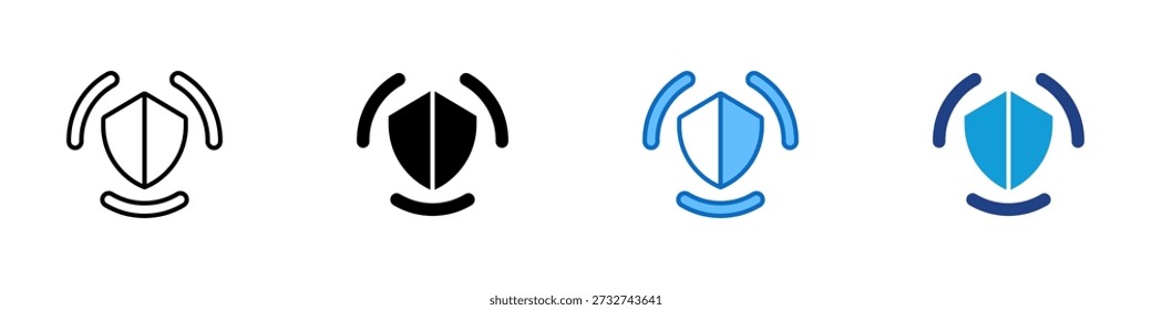 Security Protection Multiple Style Icon Design Vector - Shield surrounded by curved lines, representing protection, safety, and system defense