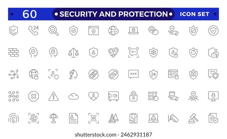 Conjunto de iconos de esquema de seguridad y protección. Símbolo de protección de datos. Colección segura del icono de la red.Seguridad, seguridad, protección iconos de la línea delgada.Para el diseño de la comercialización del Sitio web, logotipo, App, UI, etc. 
