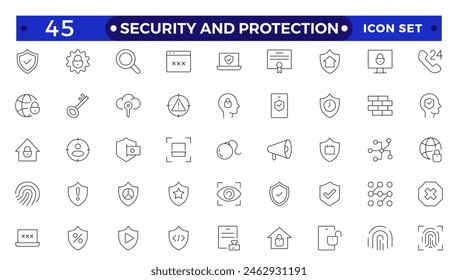 Security and Protection outline icon set. Data protection symbol. Secured network icon collection.Safety, security, protection thin line icons.For website marketing design, logo, app, UI, etc. 
