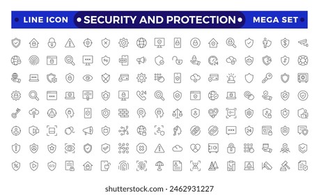 Security and Protection outline icon set. Data protection symbol. Secured network icon collection.Safety, security, protection thin line icons.For website marketing design, logo, app, UI, etc. 
