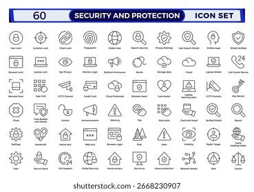 Security and Protection outline icon set. Data protection symbol. Secured network icon collection.Safety, security, protection thin line icons.For website marketing design, logo, app, UI, etc. 
