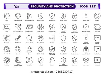 Conjunto de ícones de estrutura de tópicos Segurança e Proteção. Símbolo de proteção de dados. Coleção de ícones de rede segura.Segurança, proteção, ícones de linha fina.Para design de marketing de site, logotipo, aplicativo, UI, etc. 
