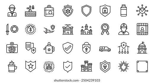 security, protection, outline set of icons for design, vector illustration, black and white