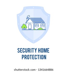 Security Protection Outline Vector Illustration. Building on blue Shield with Lettering Patch. House Safety Flat Emblem. Accommodation Banner, Poster, Logo, Sticker, Badge Isolated Design Element
