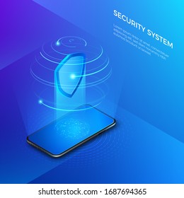 Security And Protection Private Data. Mobile Phone With Shield Hologram Security System Concept. Vector Isometric Illustration 