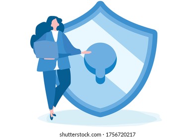 Security , protection, saving insurance shield and woman. Vector illustration for web banner, infographics, mobile. 