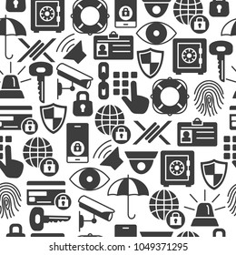 Security and protection seamless pattern with silhouette icons. Data Security and Safe Background Protect Information System Elements Of Equipment. Black and white icons background.