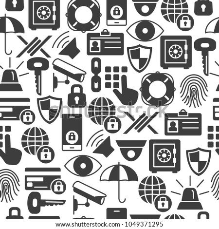 Security and protection seamless pattern with silhouette icons. Data Security and Safe Background Protect Information System Elements Of Equipment. Black and white icons background.