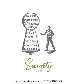 Security, protection, secure, network, safety concept. Hand drawn person and keyhole concept sketch. Isolated vector illustration.