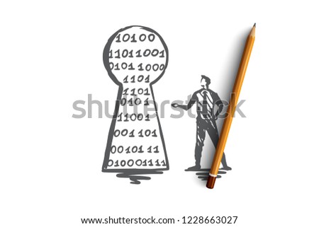 Security, protection, secure, network, safety concept. Hand drawn person and keyhole concept sketch. Isolated vector illustration.