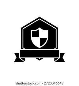 Proteção de segurança emblema silhueta vetor ilustração com padrão quadriculado e fita em branco para título de texto personalizado