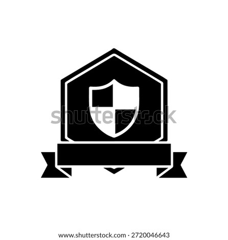Security protection shield badge silhouette vector illustration with checkered pattern and blank ribbon for custom text title