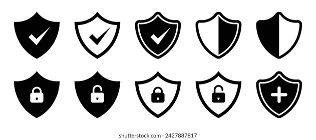 Security and protection shield collection with tick lock and unlock mark symbol for antivirus in black color on white background - Vector Icon