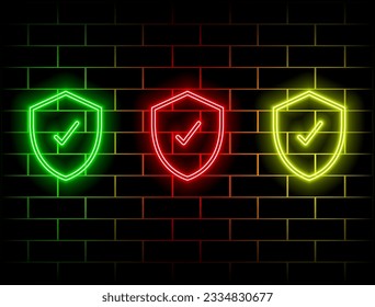 Security protection shield. Glow light rays, glow flash effect. Vector cyber technology protect or immune system neon icon. green, red, yellow, pink, blue, orange.