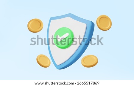 Security protection shield icon with check mark coins on pastel background. Money transfer currency payment insurance finance online system bank investment concept. 3d vector illustration.