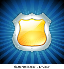 Security Protection Shield Icon/ Illustration of a glossy security and protection icon with sunbeams background for guarantee symbols