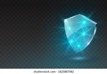 Security protection shield isolated on transparent background. Abstract blue shine light rays, glow flash effect and guard glass panel. Vector cyber technology protect or neon immune system icon