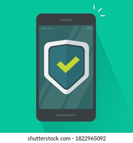 Security protection shield on mobile phone guard online vector icon flat cartoon, internet web virus attack protection, secure safety smartphone cellphone technology as digital anti fraud connection