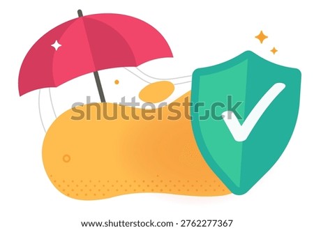 Security protection shield template icon vector simple minimalist modern graphic illustration, safety insurance concept with umbrella cover and safeguard defence checkmark poster flyer clip art 