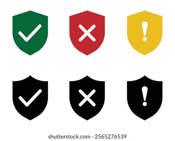 Security protection shields icon set. Safe and unsafe sign symbol, Shield check mark and cross icon suspicious activity.