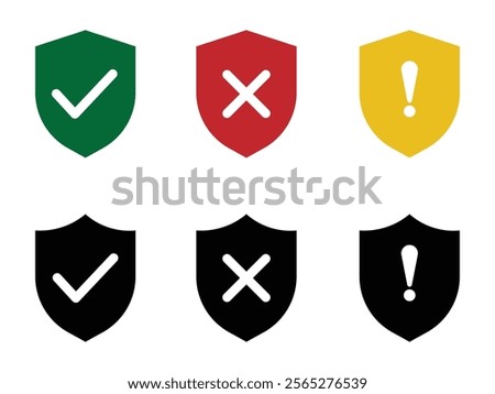 Security protection shields icon set. Safe and unsafe sign symbol, Shield check mark and cross icon suspicious activity.