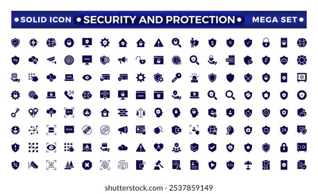 Security and Protection solid icon set. Data protection symbol. Secured network icon collection.Safety, security, protection solid icons.For website marketing design, logo, app, UI, etc.