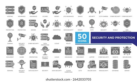 Security and protection solid icon set collection. This set includes hosting, cyber security, camera, server and more icons in 
solid style. Icons collection for websites and infographics